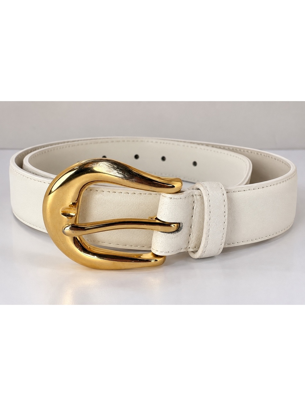 Vintage Collectif Genuine Leather White Ivory Belt Gold Statement Buckle Size L